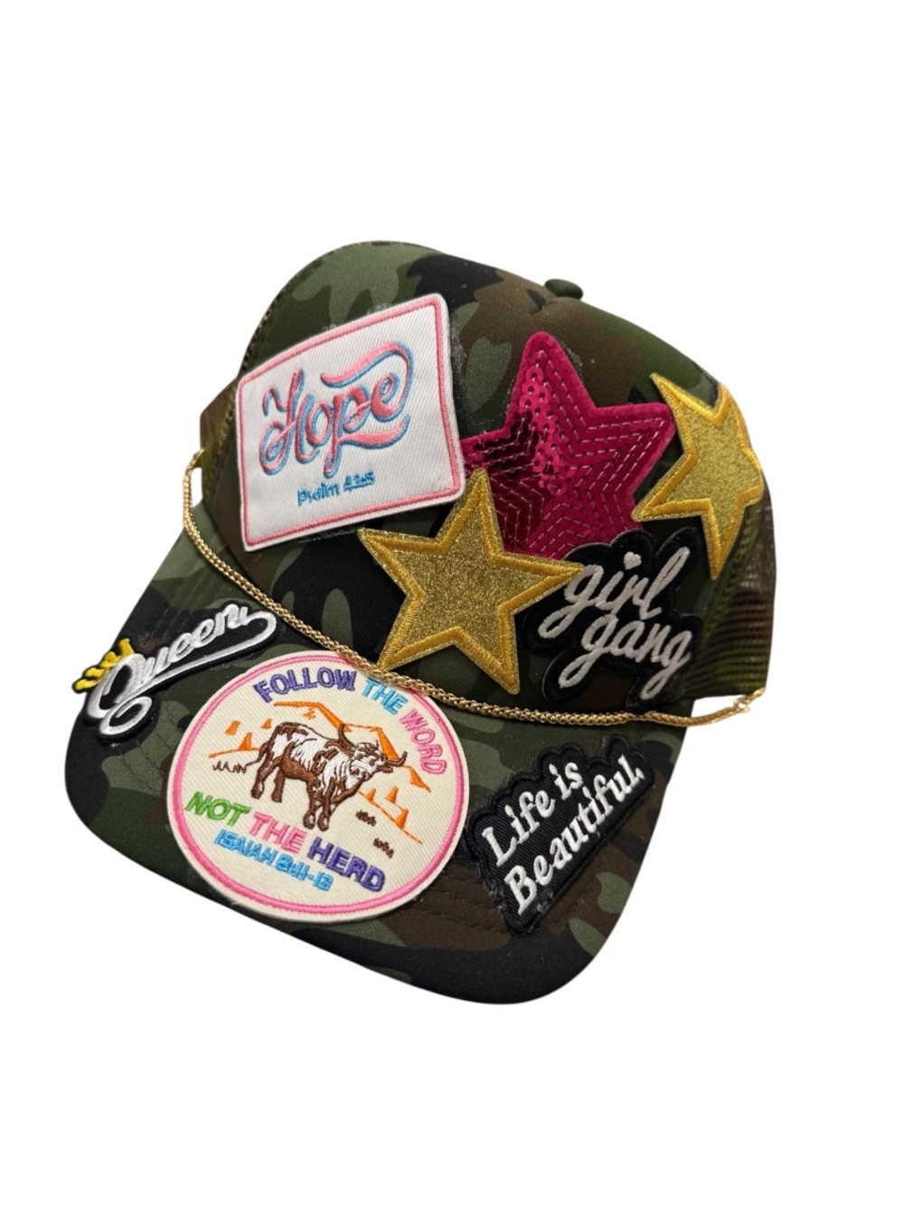Camouflage Patch Baseball Cap with Gold Stars - Green